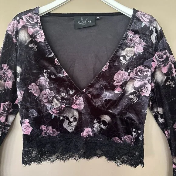 SOLD Killstar Witchy Women XL Velvet Top Bell Sleeve Black Skull Pink Rose Whims - Picture 3 of 11